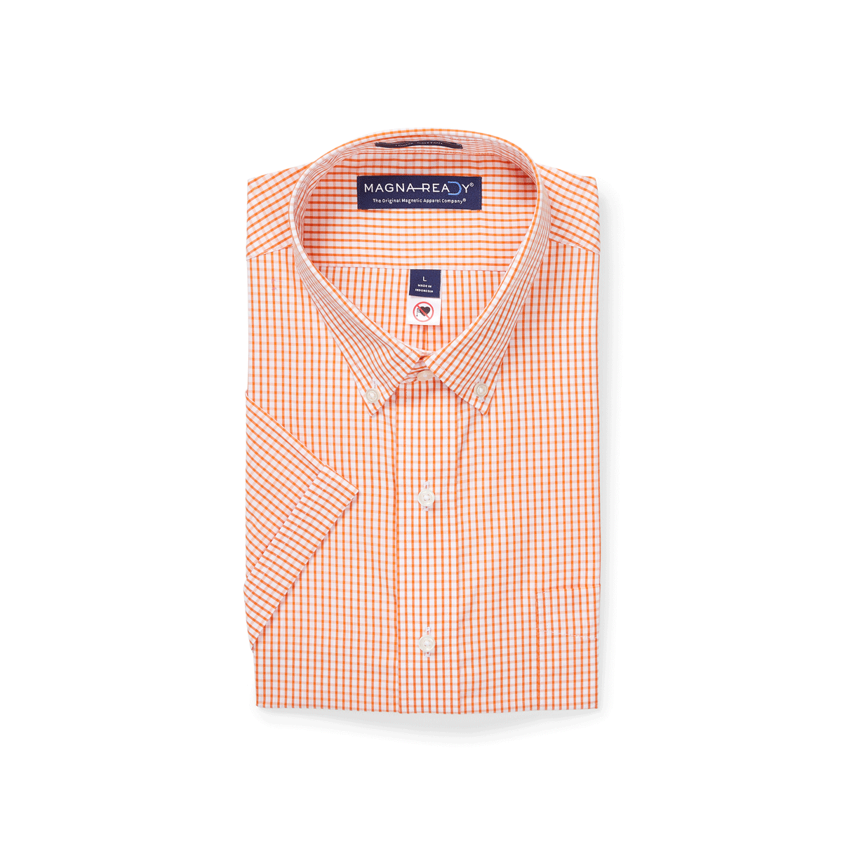 Short Sleeve Orange and White Gingham Cotton ‘Heights’ Shirt with Magnetic Closures