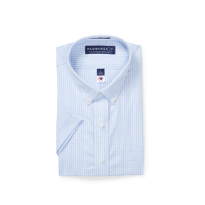 Short Sleeve Baby Blue and White Micro Plaid Cotton ‘Heights’ Shirt with Magnetic Closures