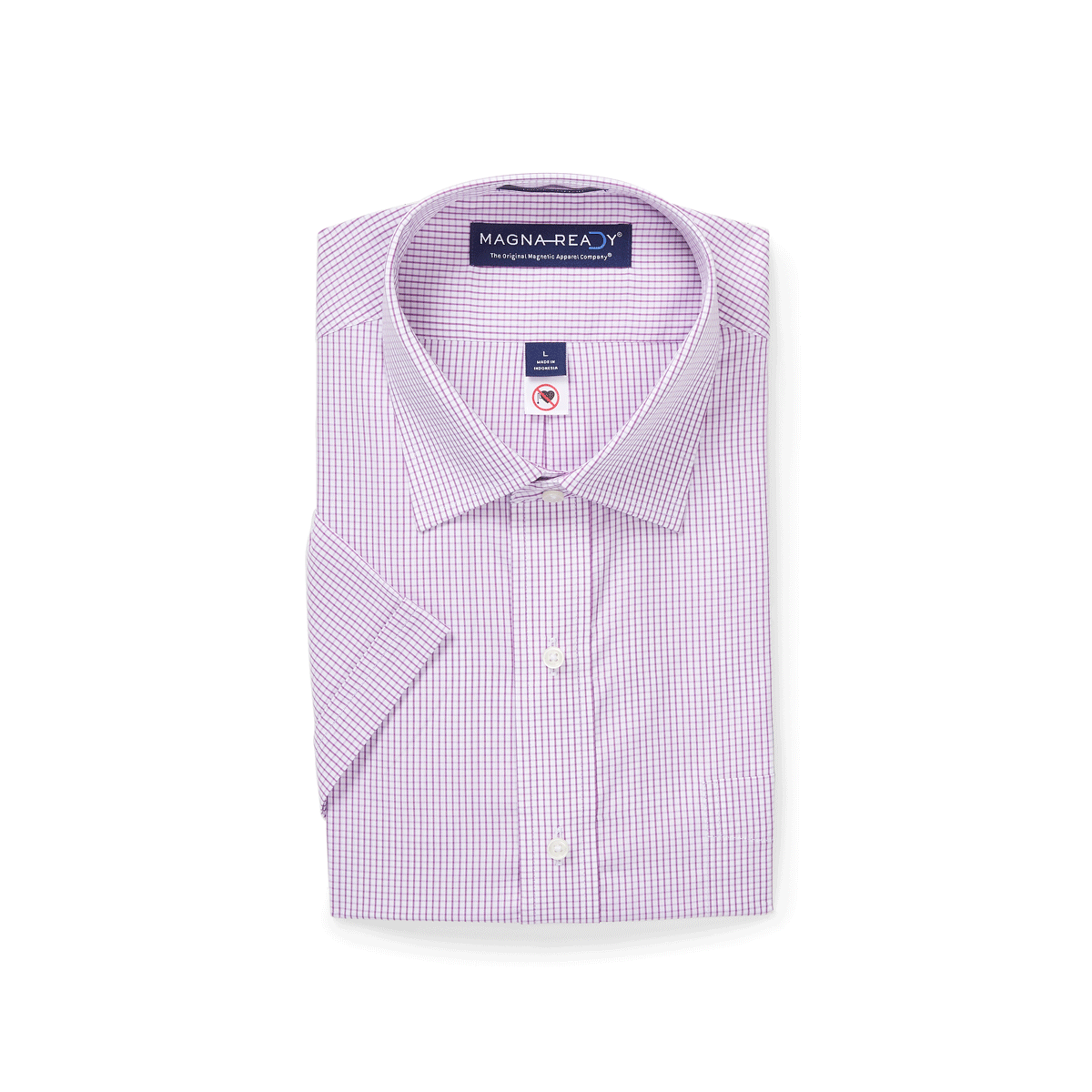 Short Sleeve Burgundy Micro Check ‘Ryan’ Spread Collar Cotton Shirt with Magnetic Closures