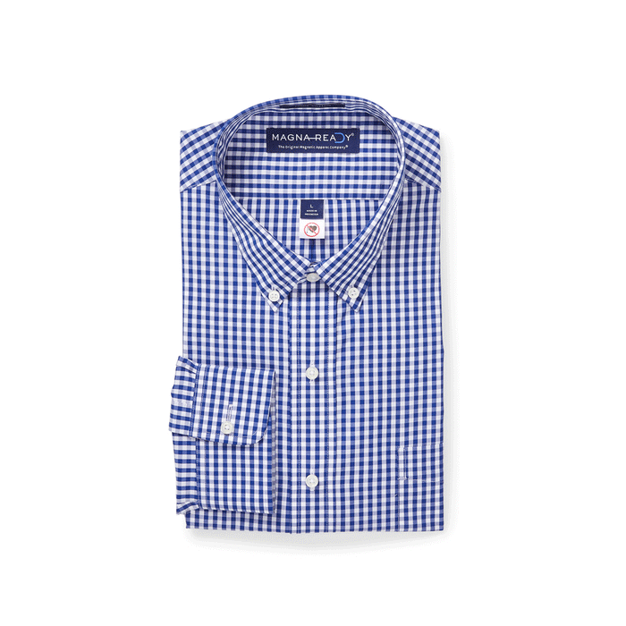 Long Sleeve Navy and White Classic Button Down Collar Plaid Shirt with