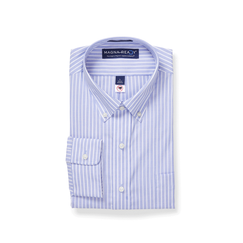 Long Sleeve Blue Button Down Collar Stripe Classic Plaid Shirt with Ma