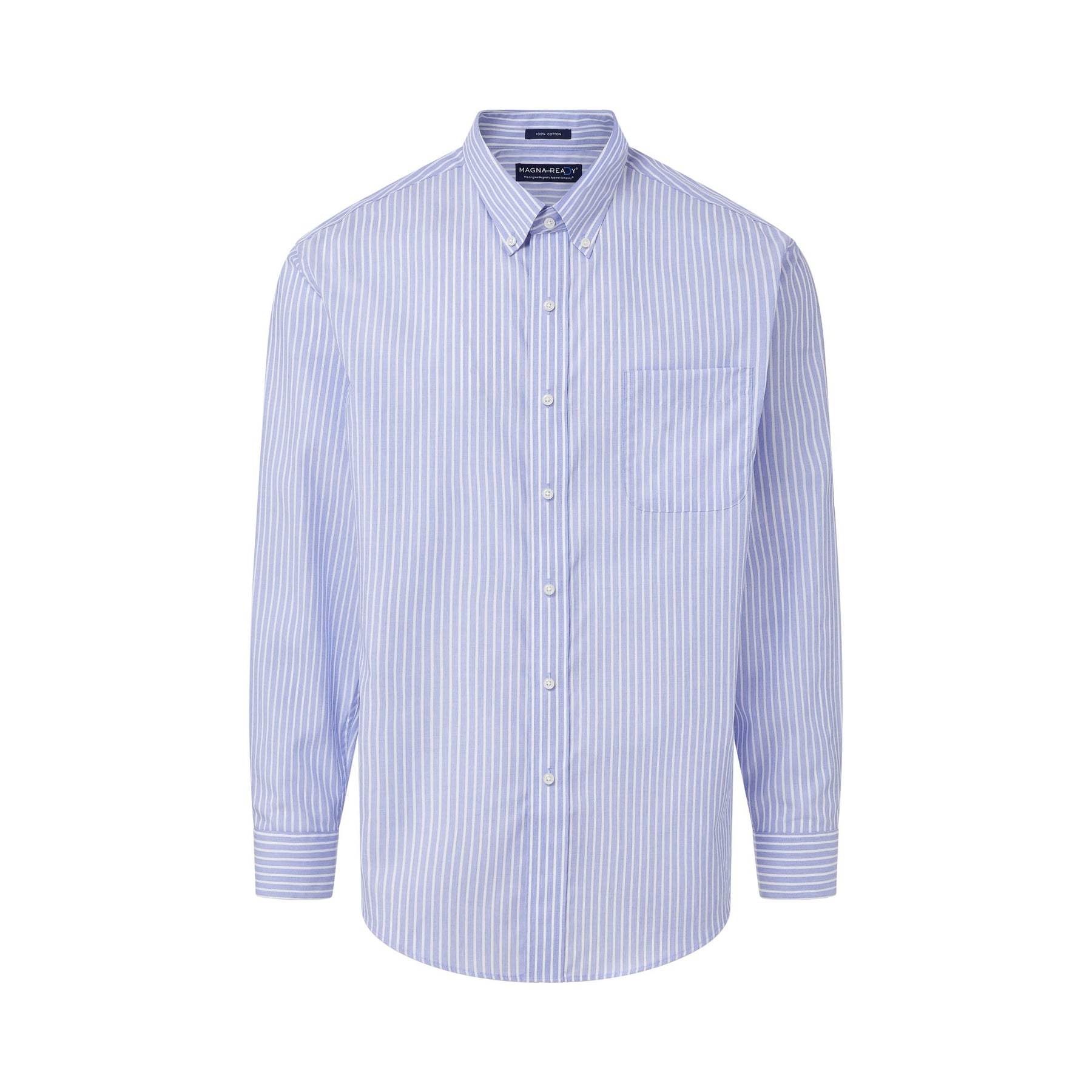 Long Sleeve Blue Button Down Collar Stripe Classic Plaid Shirt with Magnetic Closures