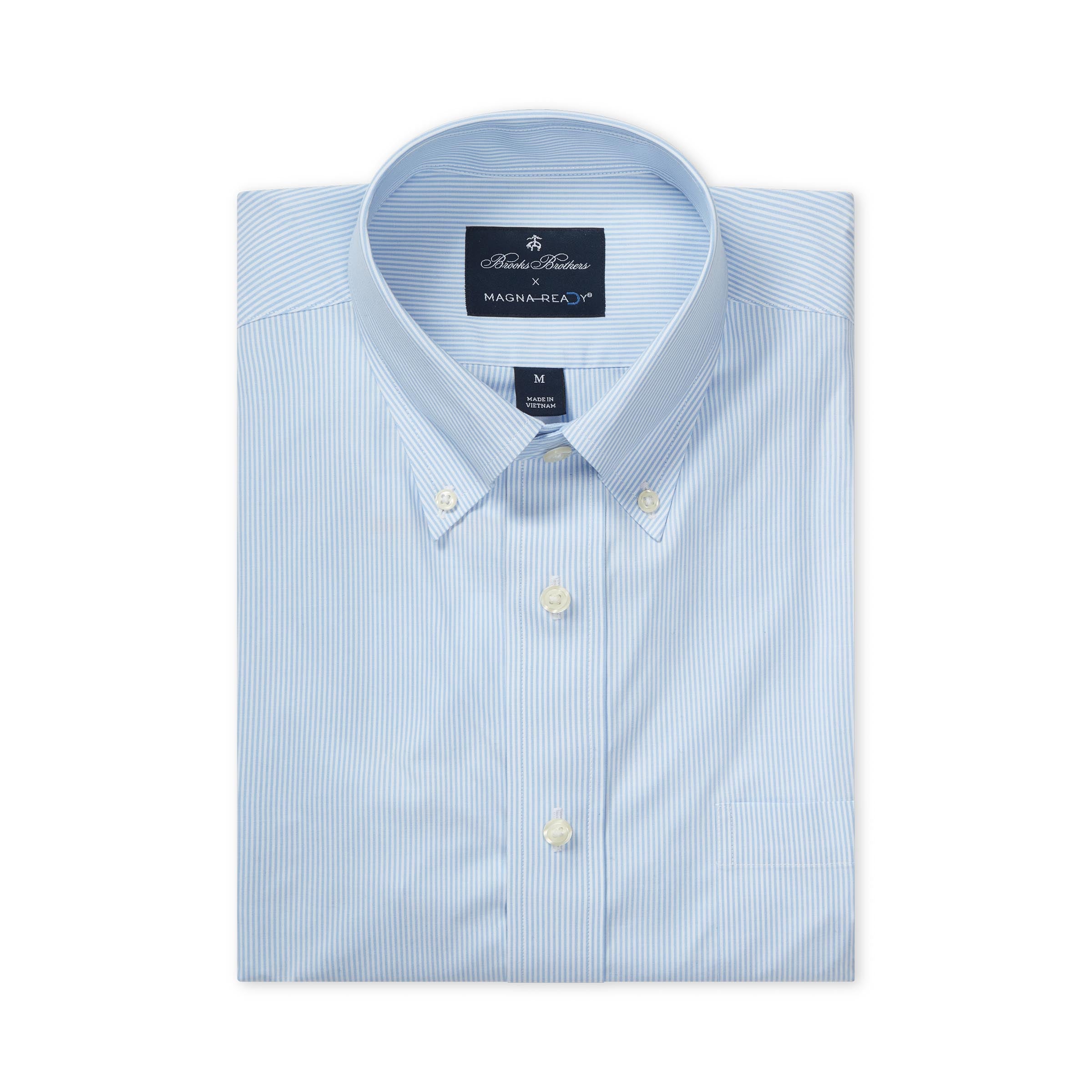 Brooks Brothers X MagnaReady Stretch Long Sleeve Blue and White Stripe Polo Button Down Collar with Magnetic Closures