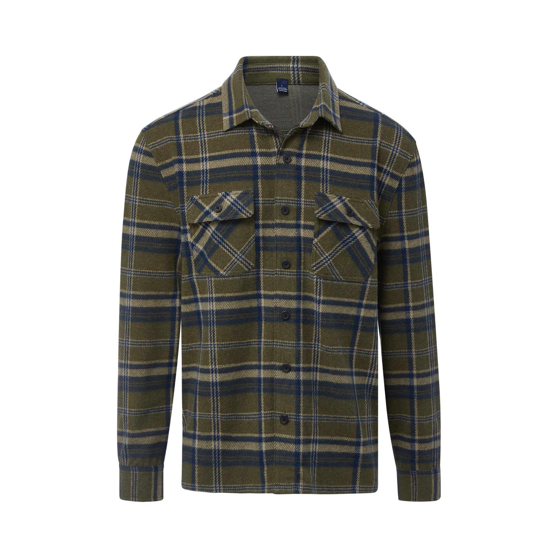 Long Sleeve Olive Plaid Flannel Shirt Combo Layering Piece with Magnet