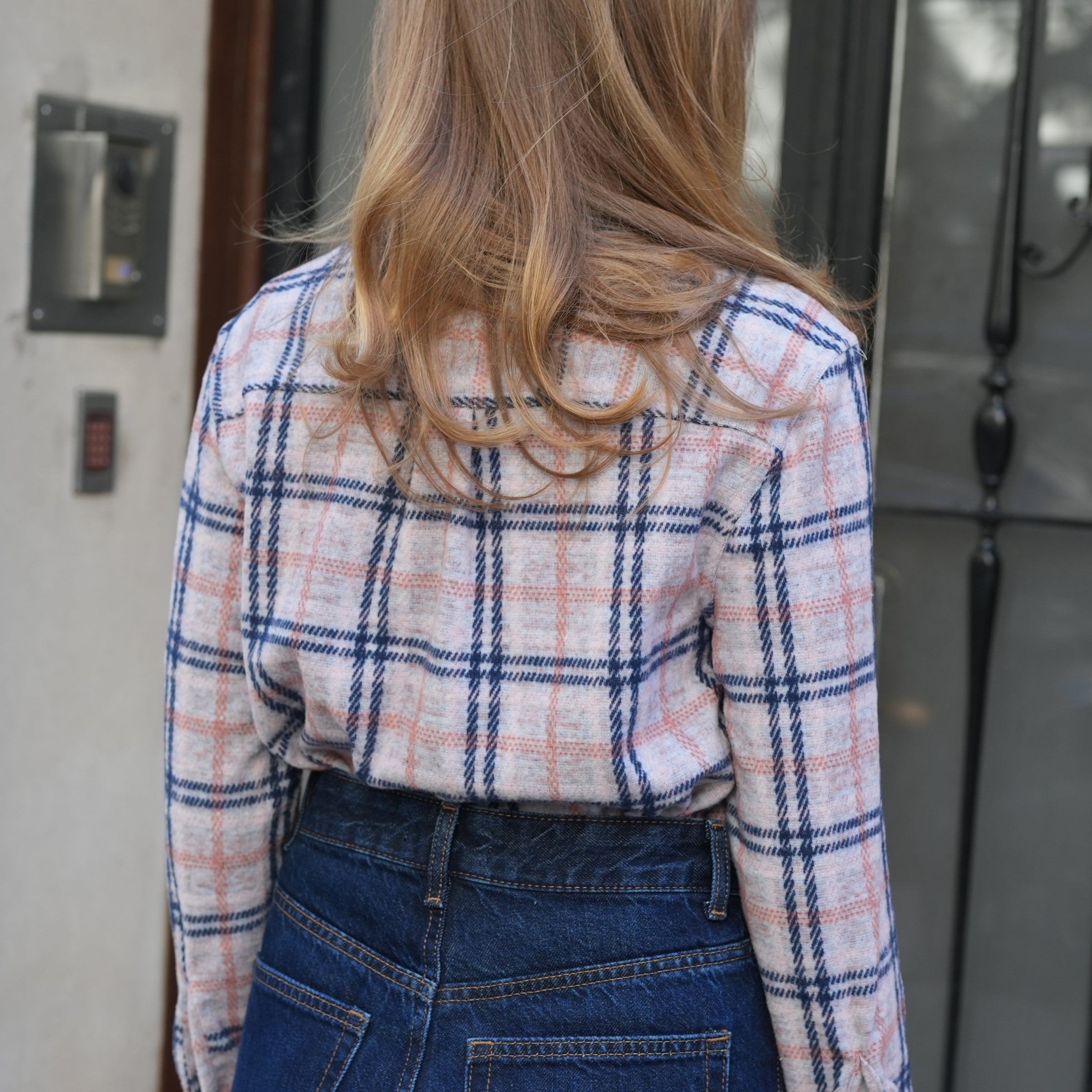 Women's Magnetic Front Curved Hem Pink, Navy and Gray Flannel Shirt