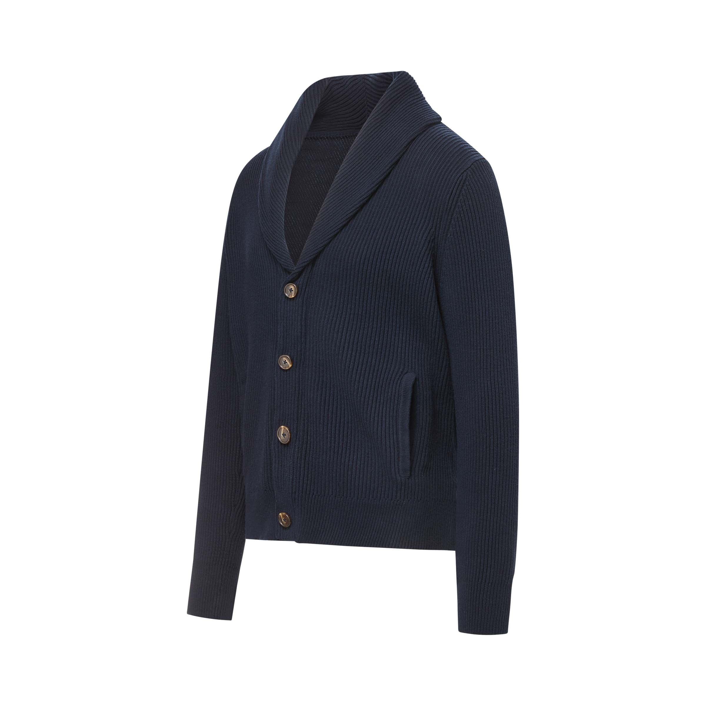 Adaptive Ribbed Cotton Shawl Collar Cardigan with Magnetic Button Front and Pockets in Navy