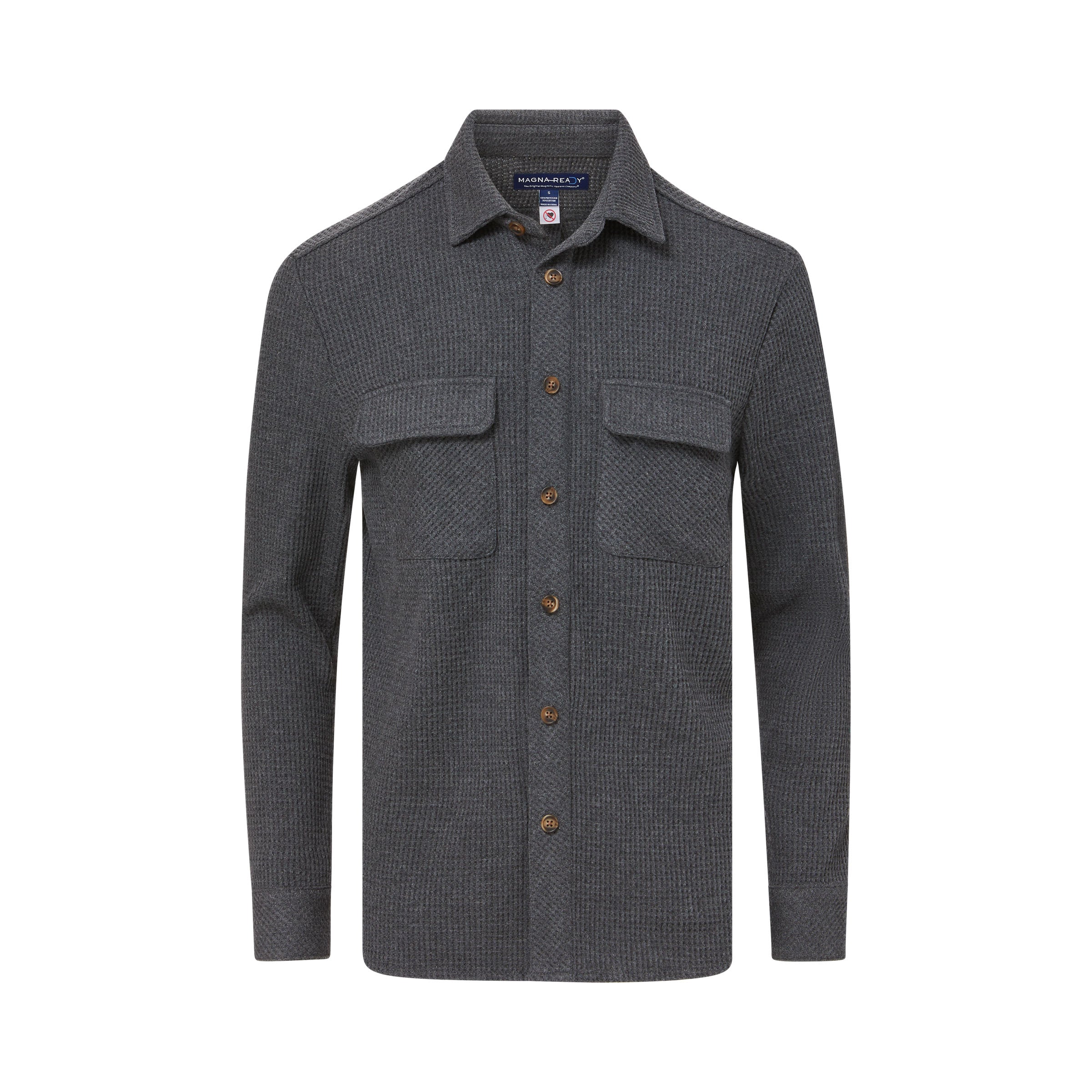 Magnetic Front WaffleWeave Casual Shirt with Dual Oversized Pockets in Charcoal