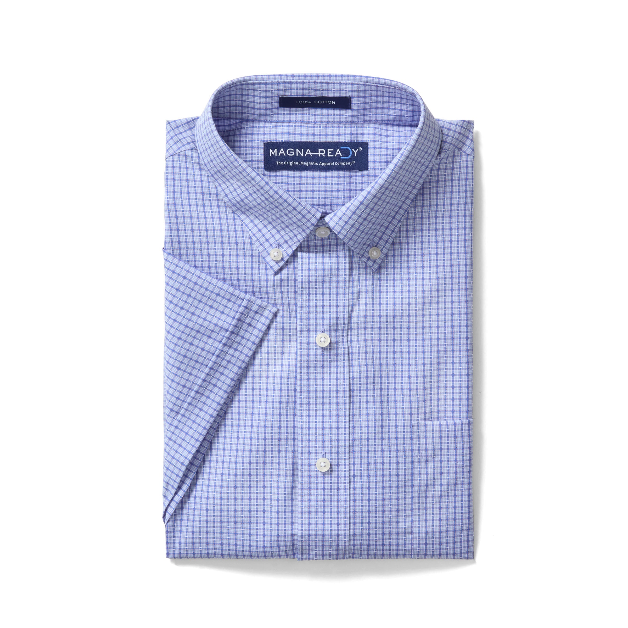 Short Sleeve Blue and Red Check Cotton Shirt with Magnetic Closures and a Pocket