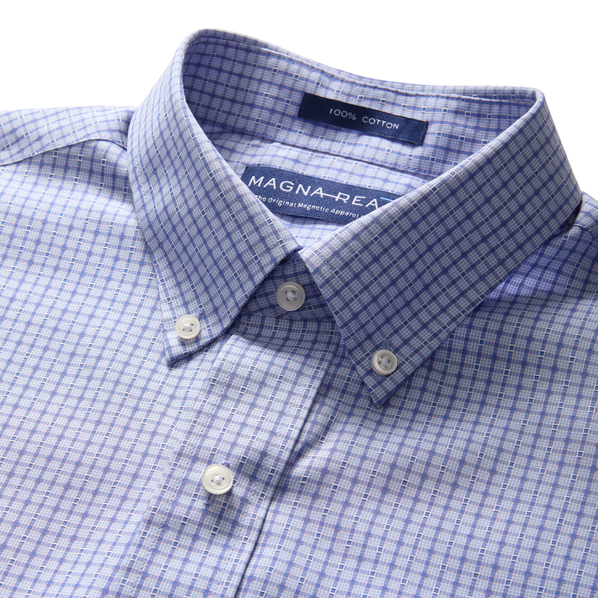 New! Short Sleeve Blue and Red Check Cotton Shirt with Magnetic Closures and a Pocket