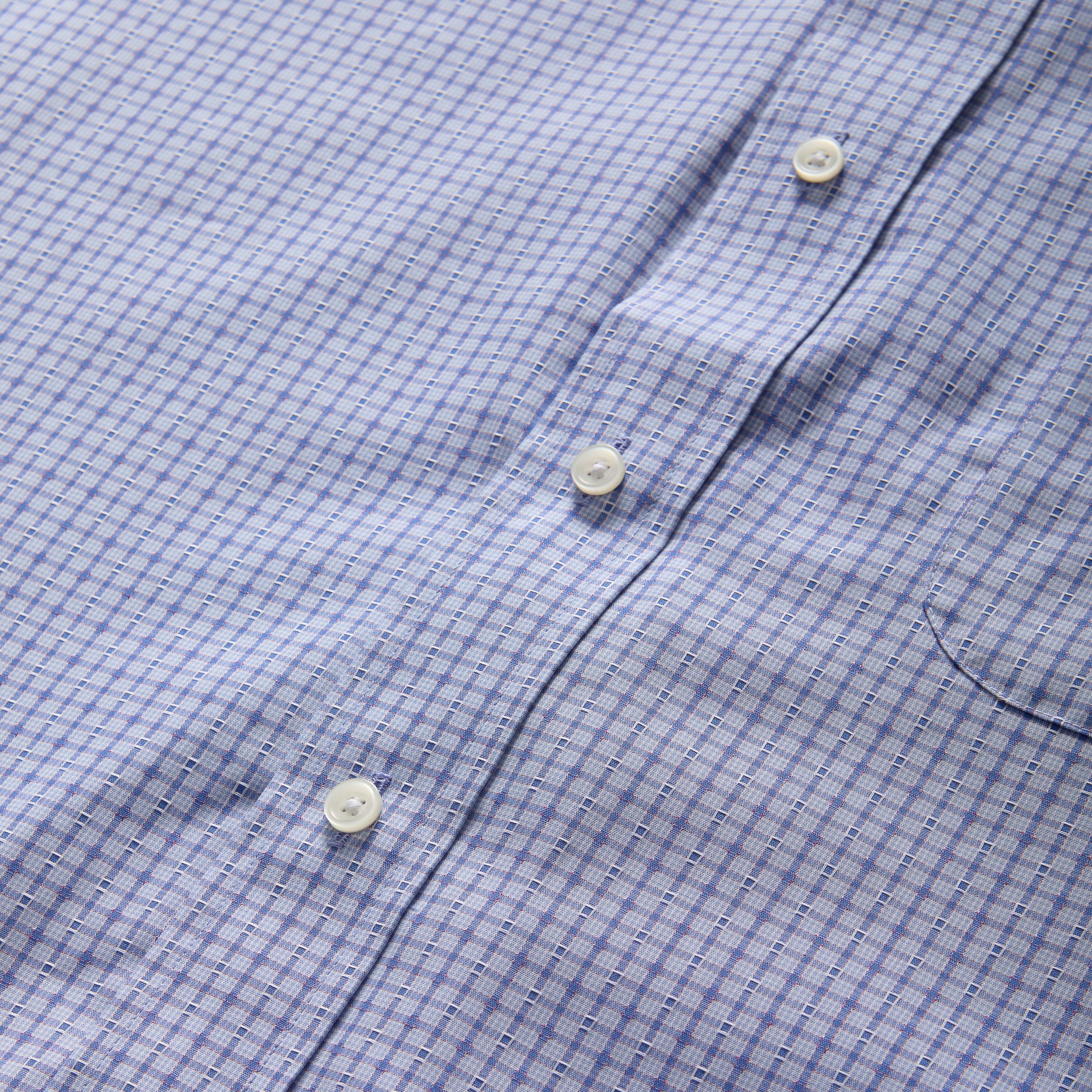 Short Sleeve Blue and Red Check Cotton Shirt with Magnetic Closures and a Pocket