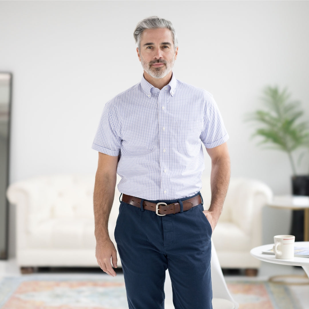 Short Sleeve Red White and Blue Button Down Collar Shirt with Magnetic Closures