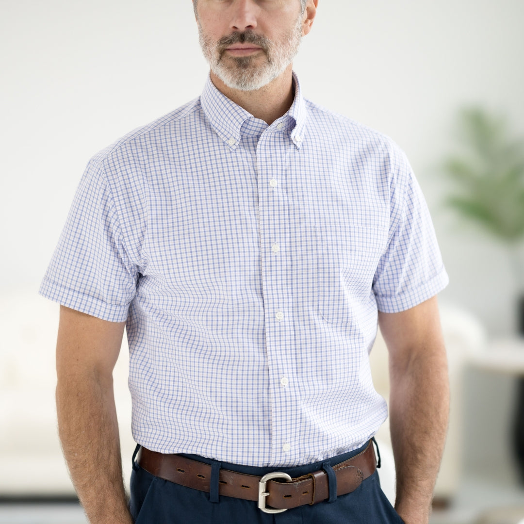 Short Sleeve Red White and Blue Button Down Collar Shirt with Magnetic Closures