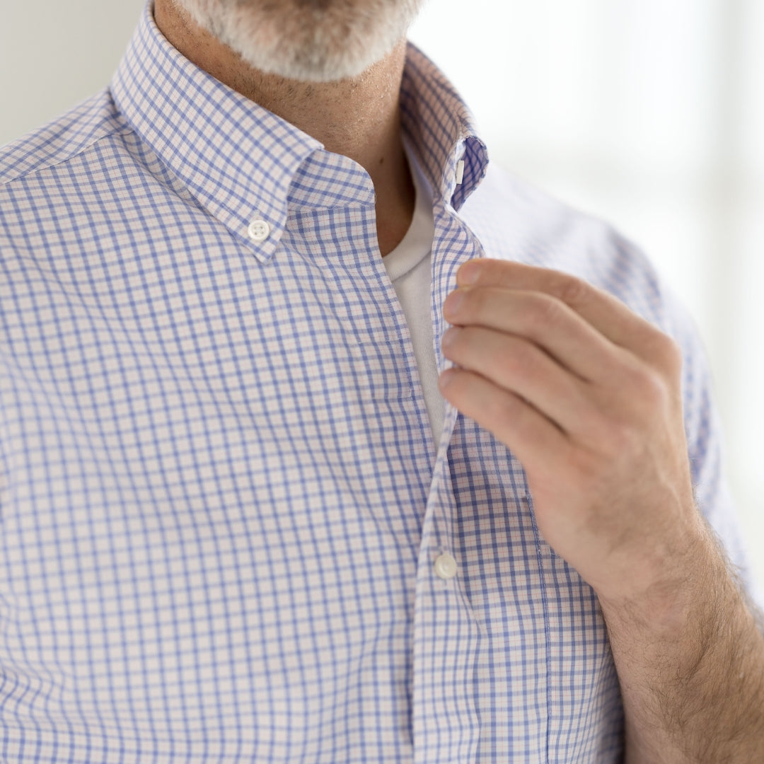 Short Sleeve Red White and Blue Button Down Collar Shirt with Magnetic Closures