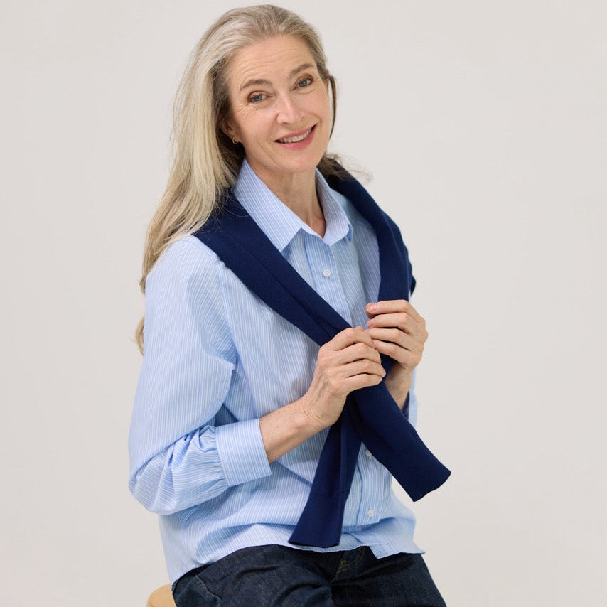Women’s Magnetic Closure Classic Blue and White Stripe Blouse | MagnaReady - view 3