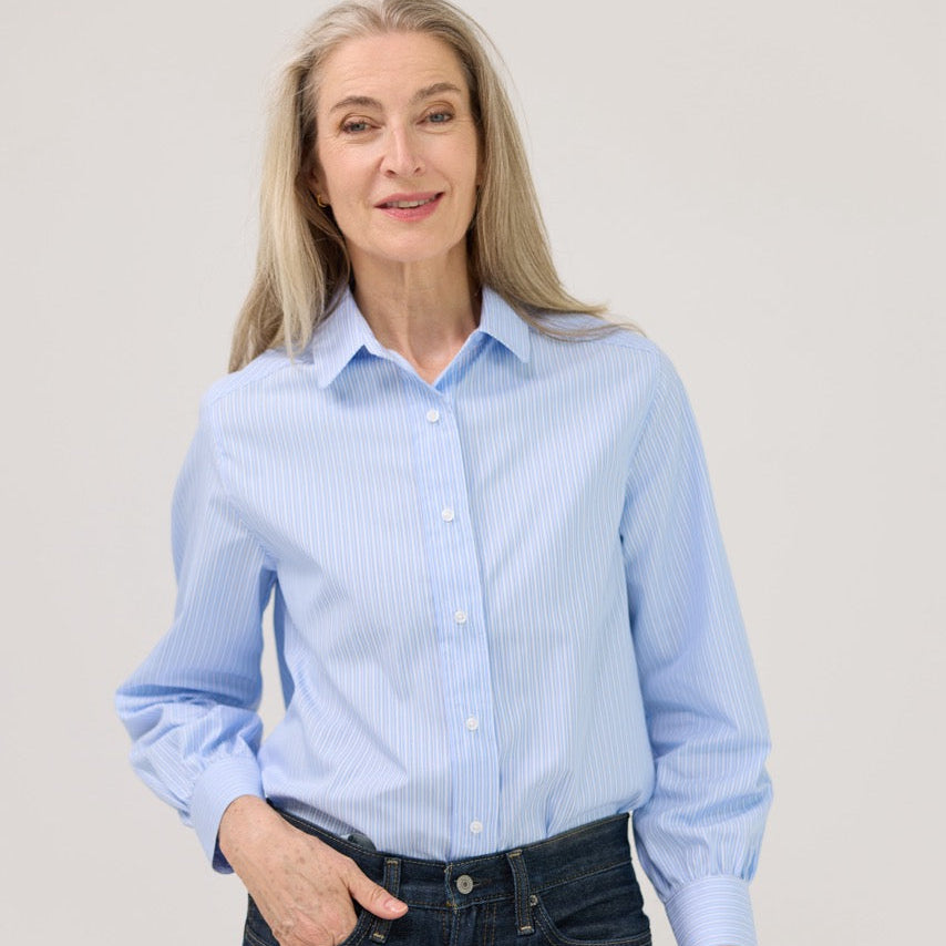 Women’s Magnetic Closure Classic Blue and White Stripe Blouse