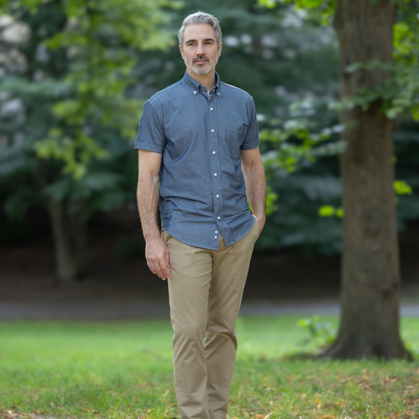 Short Sleeve Stretch Denim Button Down Shirt with Magnetic Closures | MagnaReady - view 4