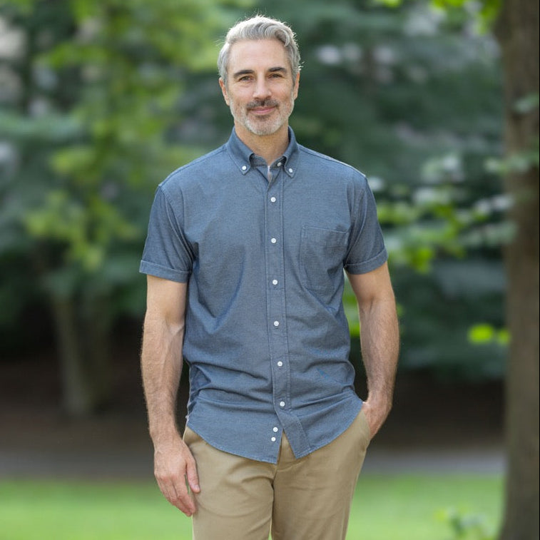 Short Sleeve Stretch Denim Button Down Shirt with Magnetic Closures | MagnaReady