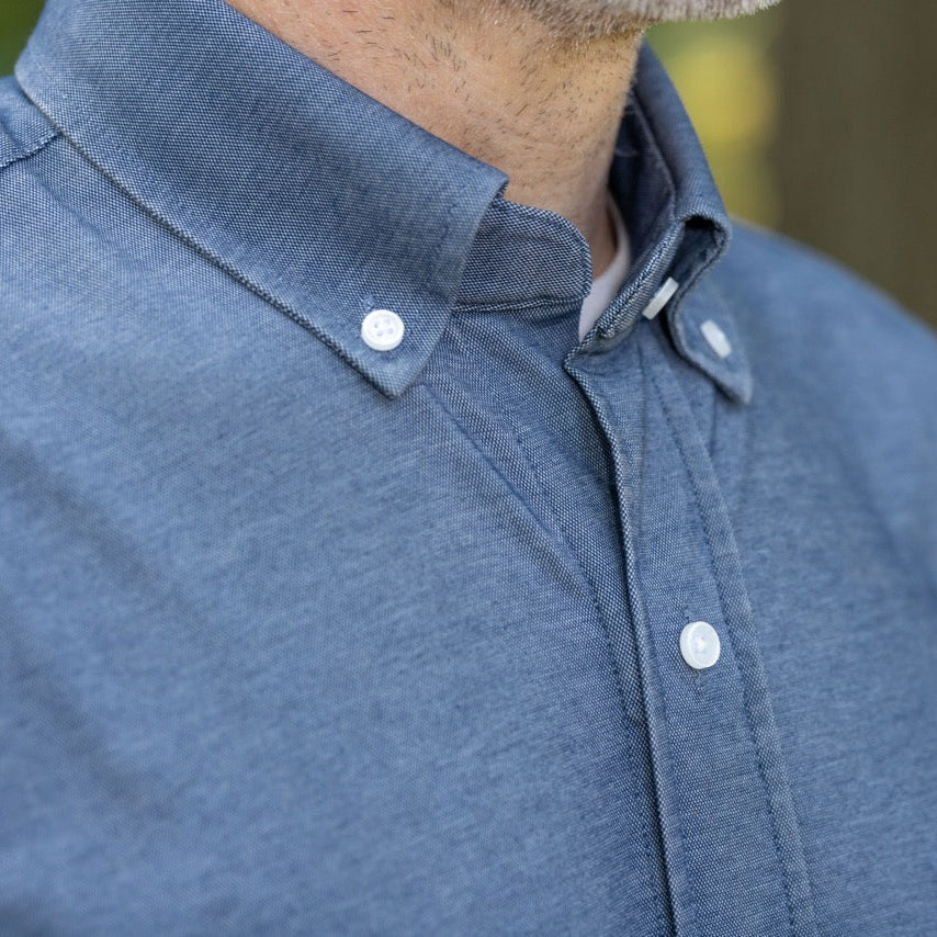 Short Sleeve Stretch Denim Button Down Shirt with Magnetic Closures | MagnaReady - view 7