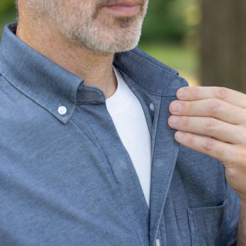 Short Sleeve Stretch Denim Button Down Shirt with Magnetic Closures | MagnaReady - view 2