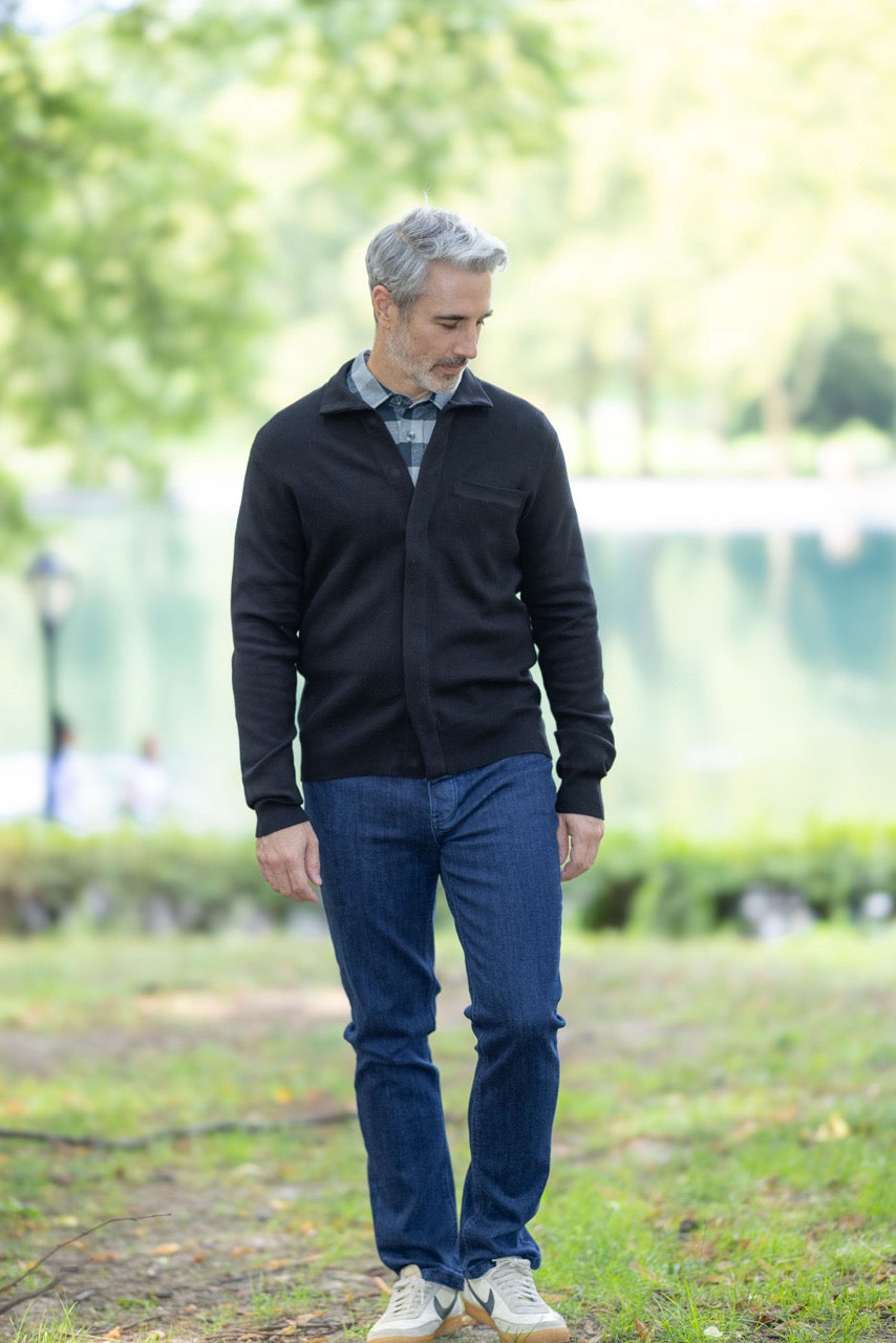 Classic Black Adaptive Sweater with Magnetic Front Closure and Pocket