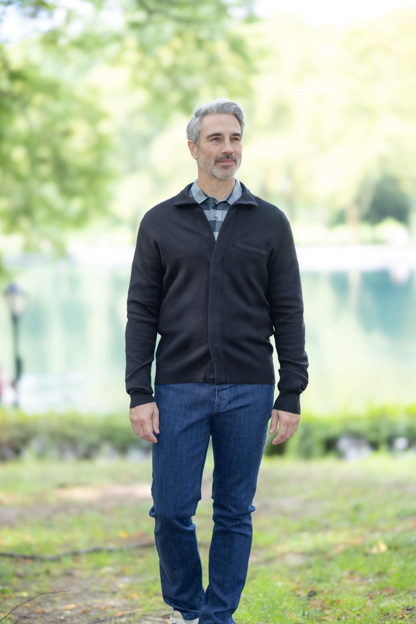 Classic Black Adaptive Sweater with Magnetic Front Closure and Pocket