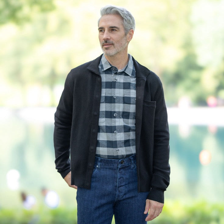 Classic Black Adaptive Sweater with Magnetic Front Closure and Pocket