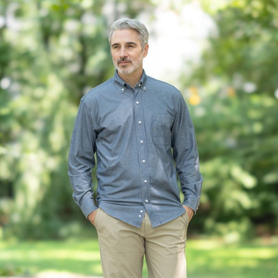 Long Sleeve Stretch Denim Button Down Shirt with Magnetic Closures | MagnaReady - view 8