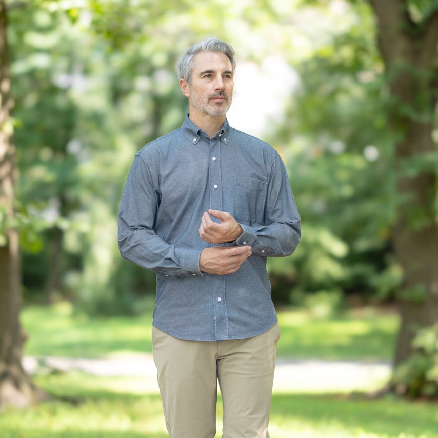 Long Sleeve Stretch Denim Button Down Shirt with Magnetic Closures | MagnaReady