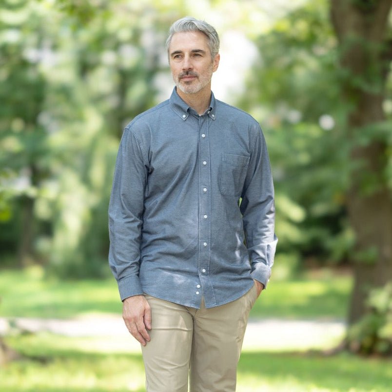 Long Sleeve Stretch Denim Button Down Shirt with Magnetic Closures | MagnaReady - view 3