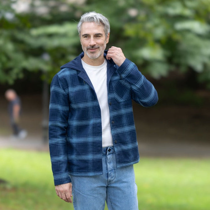MagnaReady Magnetic Front Hooded Flannel Jacket in Navy | MagnaReady - view 8