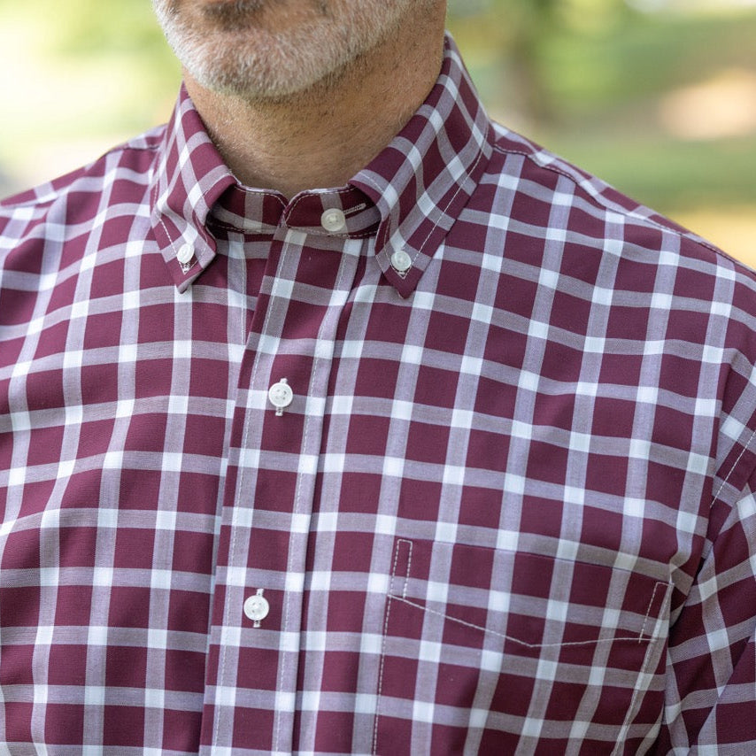 Long Sleeve Burgundy Plaid Button Down Shirt with Magnetic Closures | MagnaReady