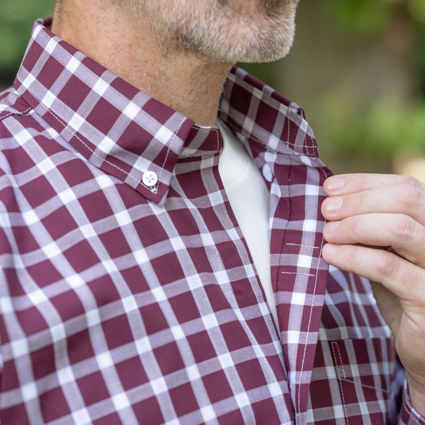 Long Sleeve Burgundy Plaid Button Down Shirt with Magnetic Closures | MagnaReady - view 2