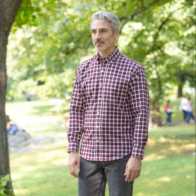 Long Sleeve Burgundy Plaid Button Down Shirt with Magnetic Closures | MagnaReady - view 9