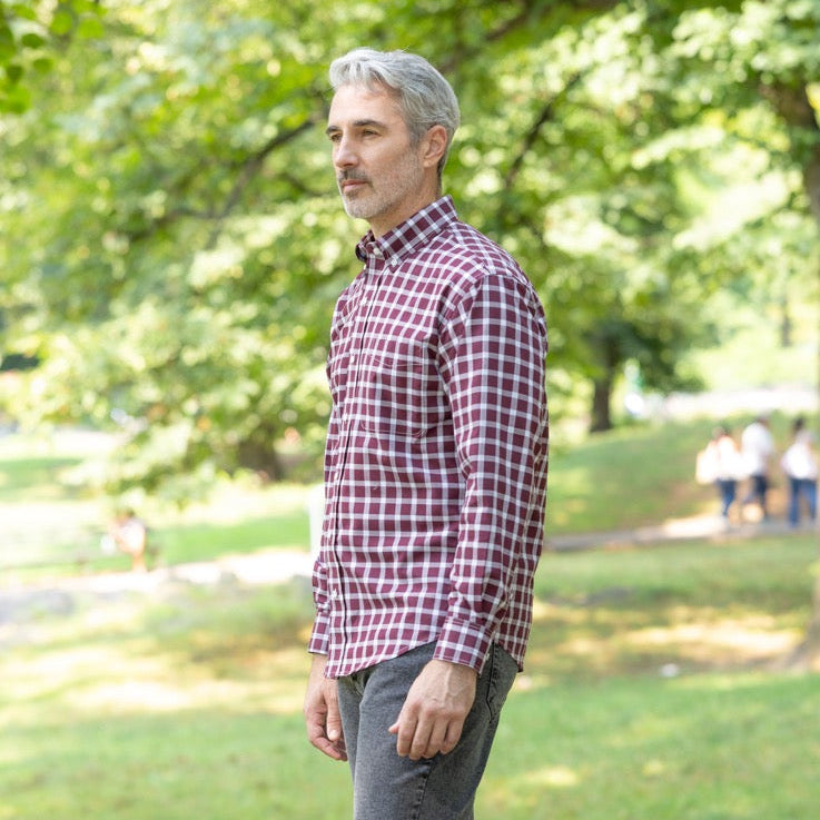 Long Sleeve Burgundy Plaid Button Down Shirt with Magnetic Closures | MagnaReady - view 4