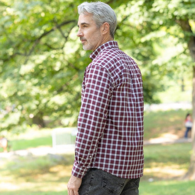 Long Sleeve Burgundy Plaid Button Down Shirt with Magnetic Closures | MagnaReady - view 10