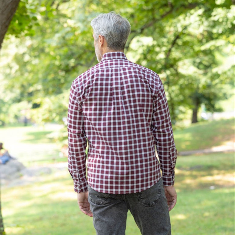 Long Sleeve Burgundy Plaid Button Down Shirt with Magnetic Closures | MagnaReady - view 5