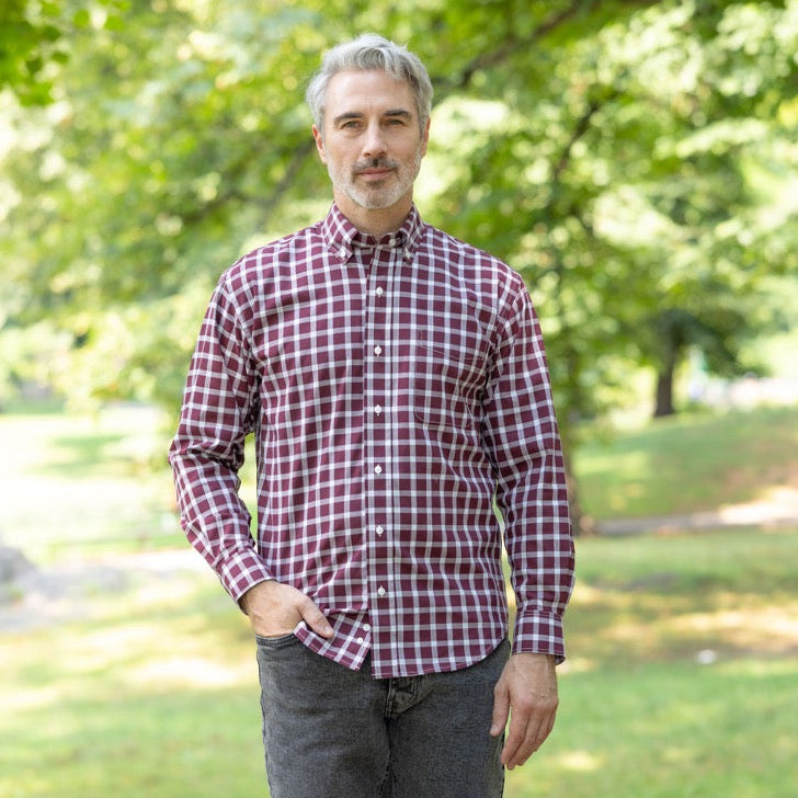 Long Sleeve Burgundy Plaid Button Down Shirt with Magnetic Closures | MagnaReady - view 6