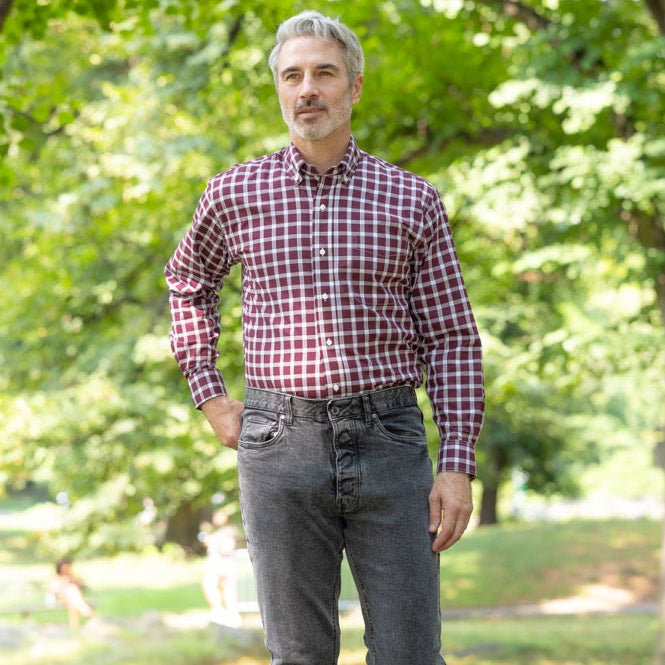 Long Sleeve Burgundy Plaid Button Down Shirt with Magnetic Closures | MagnaReady - view 7