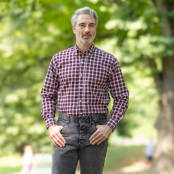 Long Sleeve Burgundy Plaid Button Down Shirt with Magnetic Closures | MagnaReady - view 8
