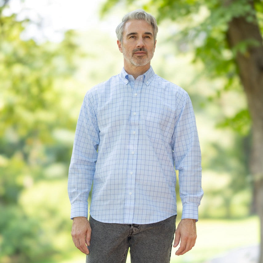 Long Sleeve Light Blue Grid Button Down Shirt with Magnetic Closures