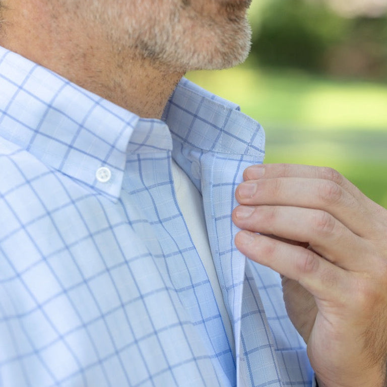 Long Sleeve Light Blue Grid Button Down Shirt with Magnetic Closures