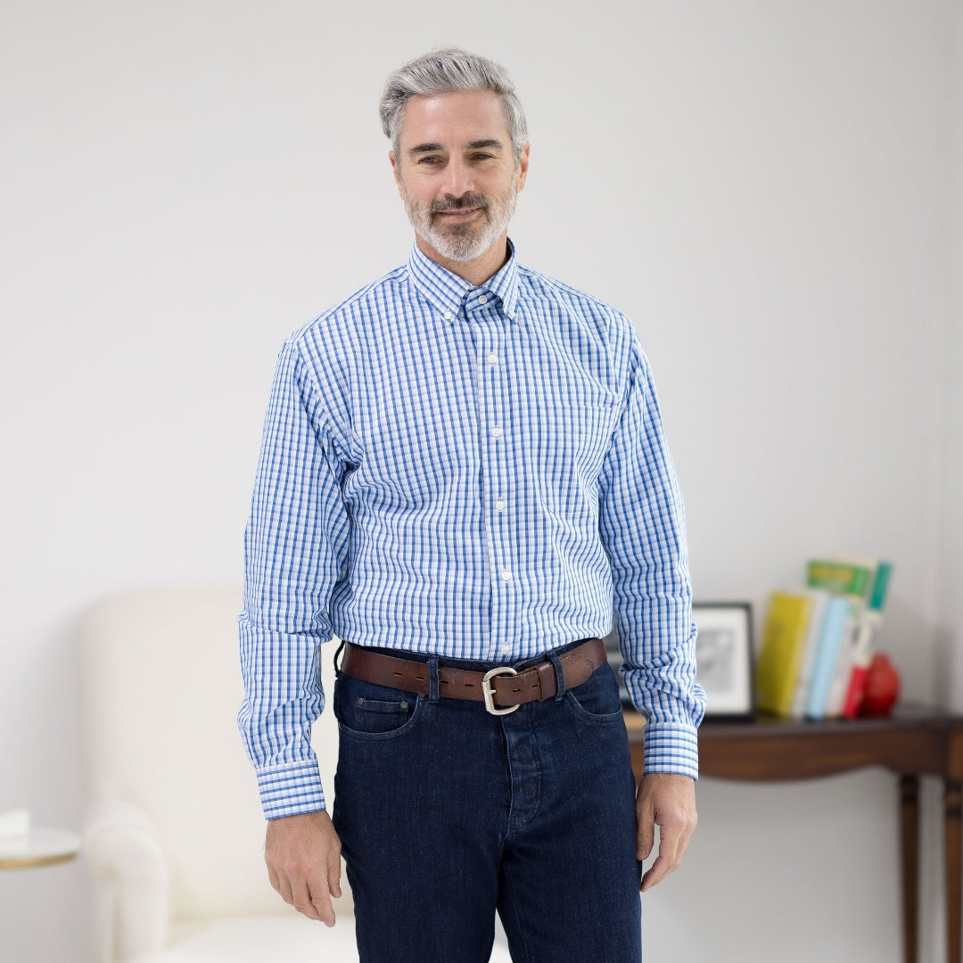 White and Blue Plaid Long Sleeve Button Down Collar Shirt with Magnetic Closures