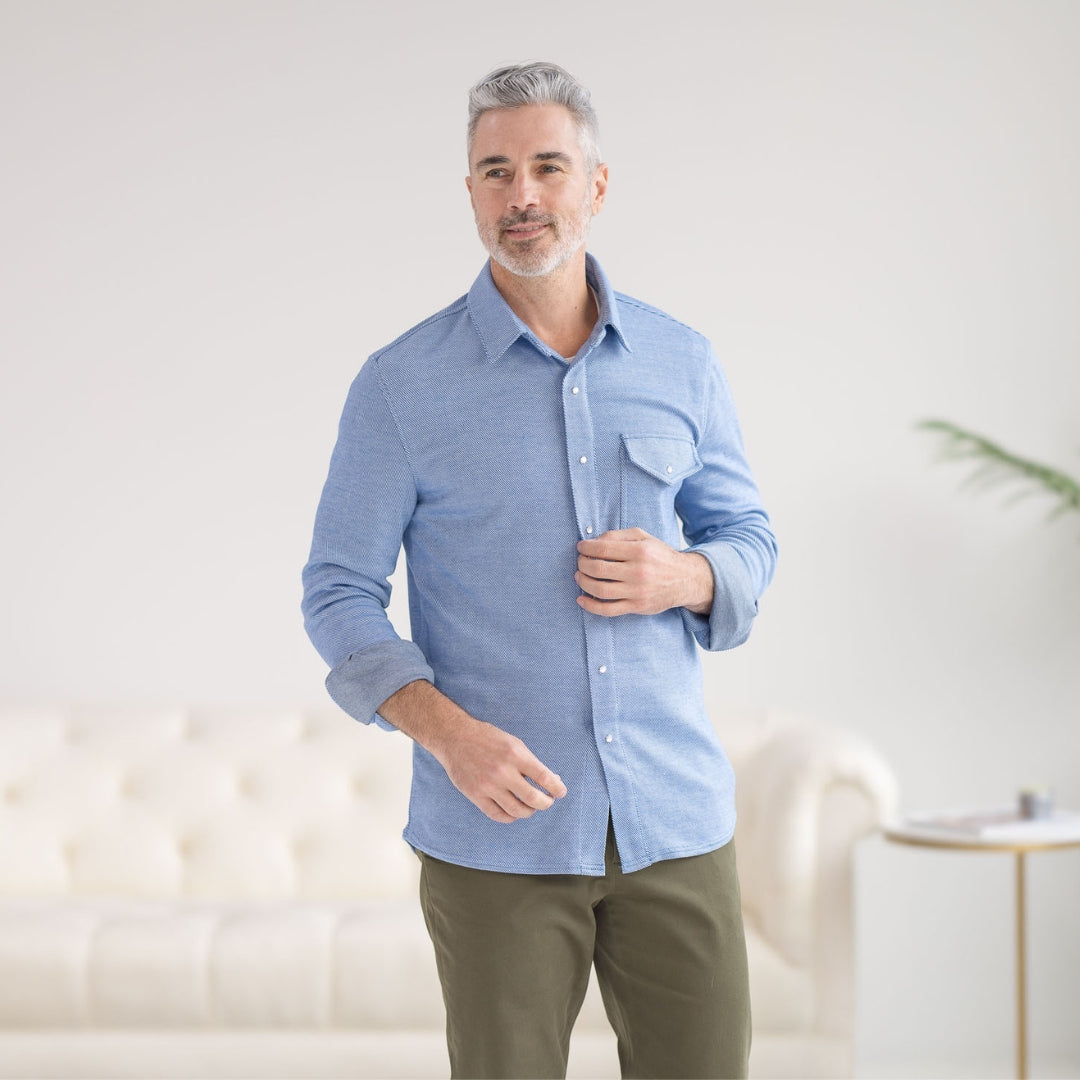 Adaptive Casual Western Knit Twill Shirt with Magnetic Buttons and Chest Pocket in Star Sapphire