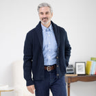 Adaptive Ribbed Cotton Shawl Collar Cardigan with Magnetic Button Front and Pockets in Navy