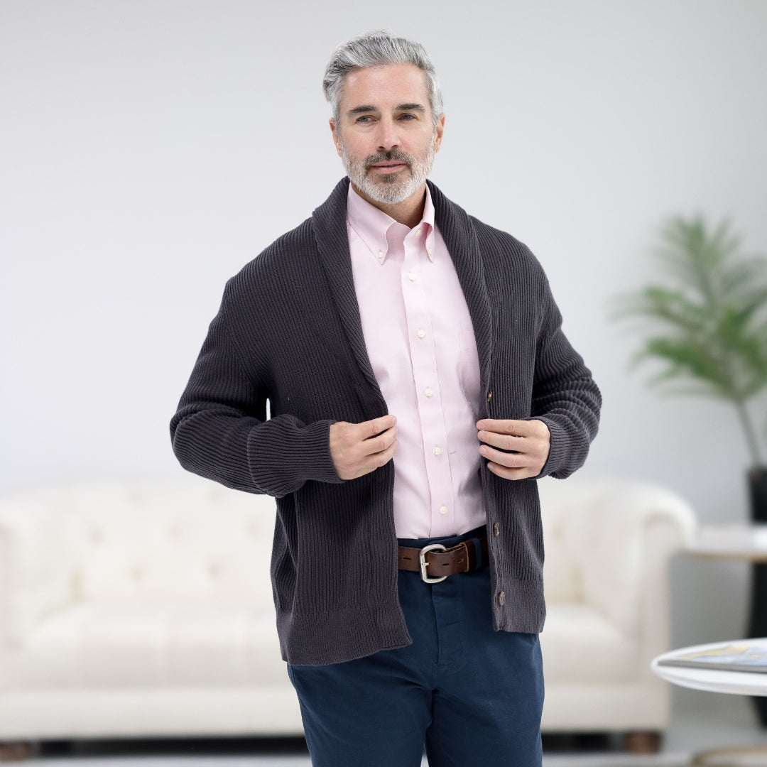 Adaptive Ribbed Cotton Shawl Collar Cardigan with Magnetic Button Front and Pockets in Charcoal