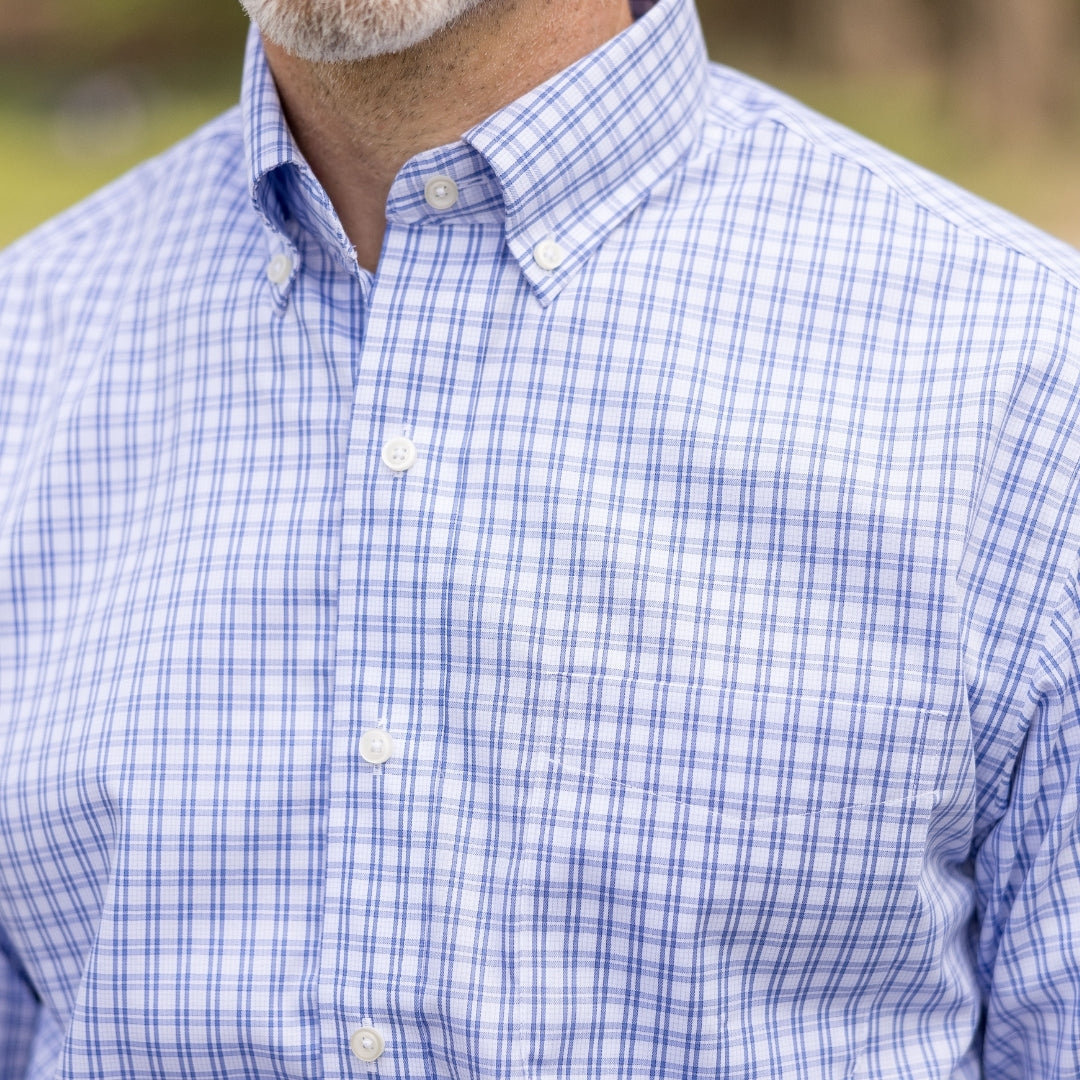 White and Blue Plaid Long Sleeve Button Down Collar Shirt with Magnetic Closures