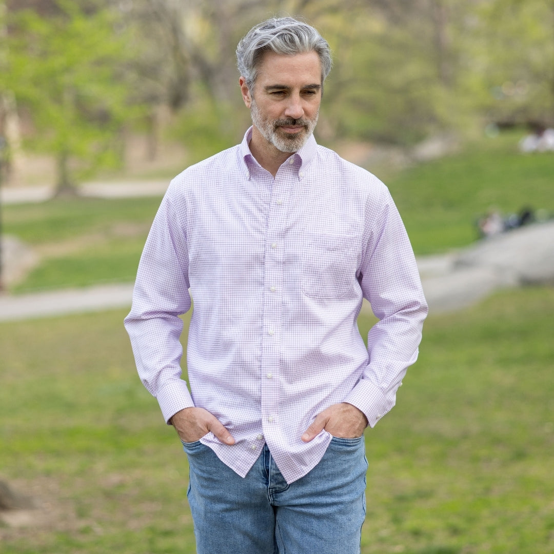 Blue and Pink Grid Long Sleeve Button Down Collar Shirt with Magnetic Closures