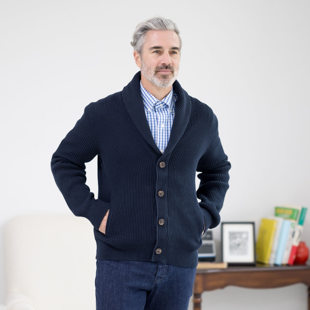 Adaptive Ribbed Cotton Shawl Collar Cardigan with Magnetic Button Front and Pockets in Navy