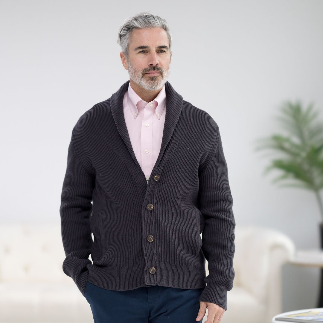 Adaptive Ribbed Cotton Shawl Collar Cardigan with Magnetic Button Front and Pockets in Charcoal