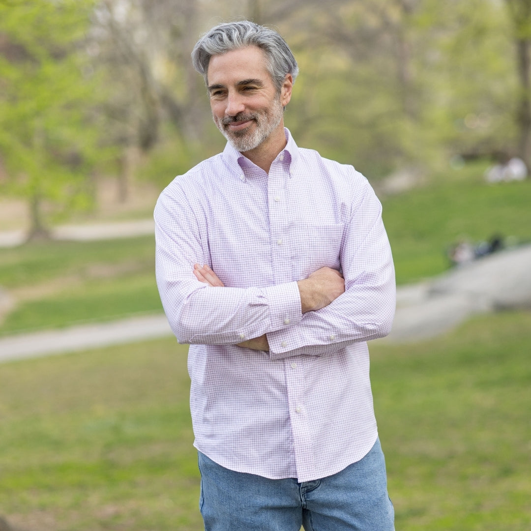 Blue and Pink Grid Long Sleeve Button Down Collar Shirt with Magnetic Closures